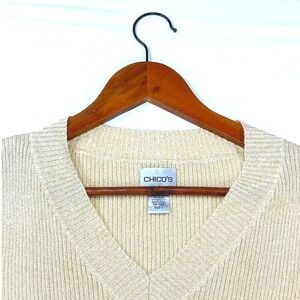 Chicos Metallic Ribbed V Neck Long Sleeve‎ Sweater Top Size 1 Beige Gold Shimmer